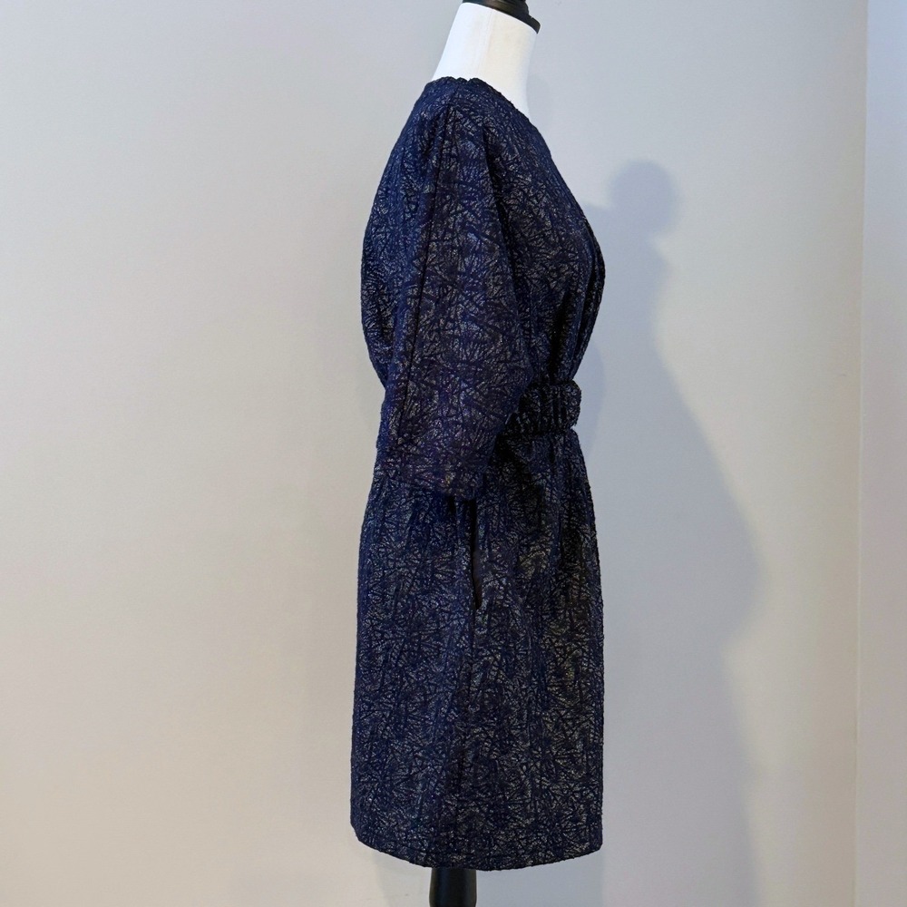 FRNCH Navy Metallic Belted Party Dress – Shimmer Holiday Cocktail Dress - Small - Picture 10 of 16